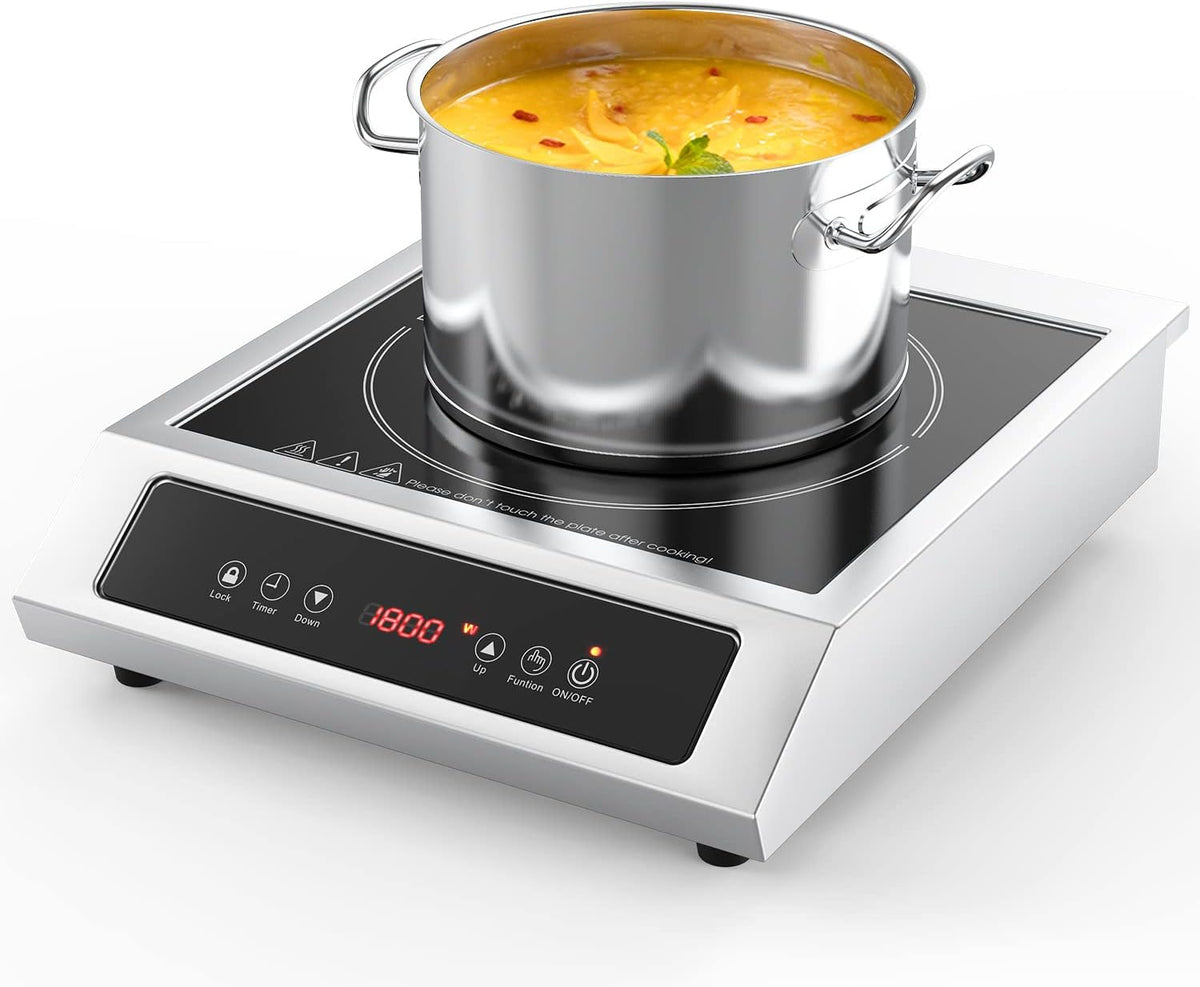 1800W Professional Commercial Induction Cooktop: 120V Stainless Steel Countertop Burner for RV, Small Restaurant, Catering Kitchen - Portable Hot Plate with 3-Hour Timer, Touch Panel