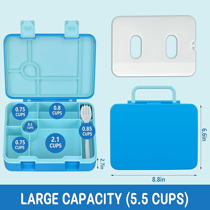 Kids Bento Lunch Box with Ice Pack, 5 Compartments Leak-Proof Bento Box with Utensils, 5.5-Cup Capacity for Adults & Ages 8+, BPA Free, Microwave & Dishwasher Safe, Blue