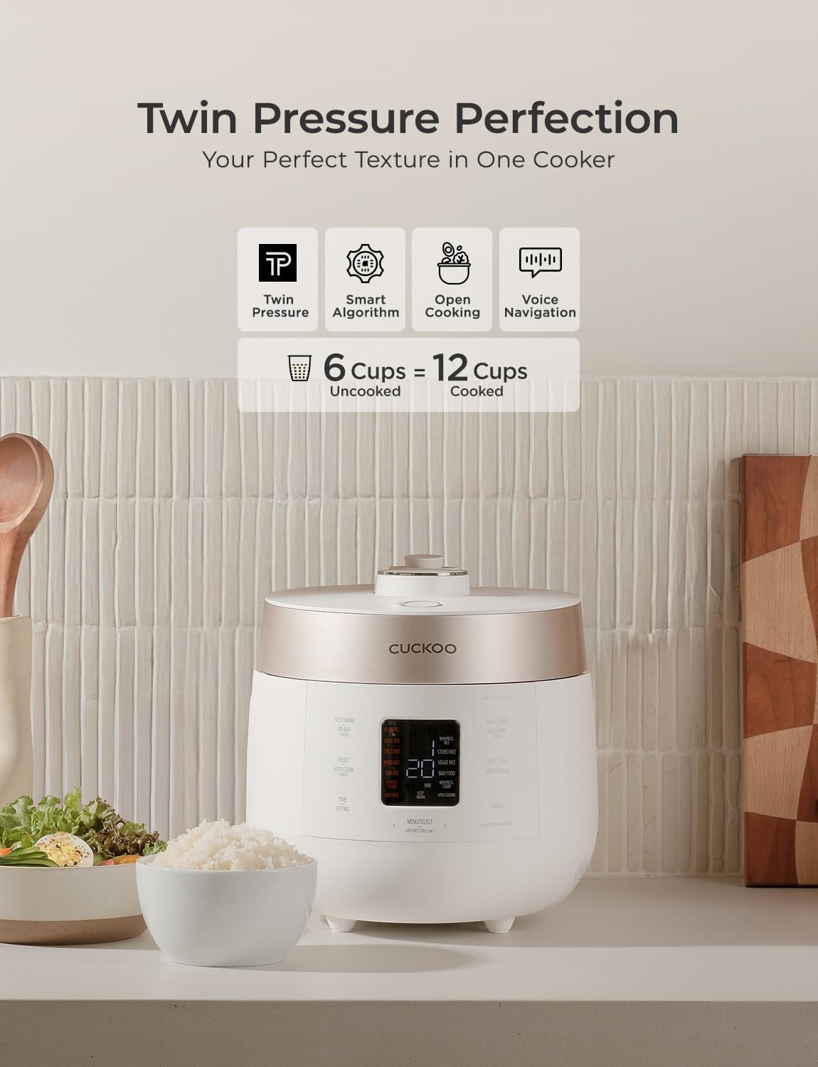 CUCKOO CRP-ST0609FW 6-Cup (Uncooked) / 12-Cup (Cooked) Twin Pressure Rice Cooker & Warmer with Nonstick Inner Pot, 16 Menu Options, 3 Voice Guide, Auto Clean (White)