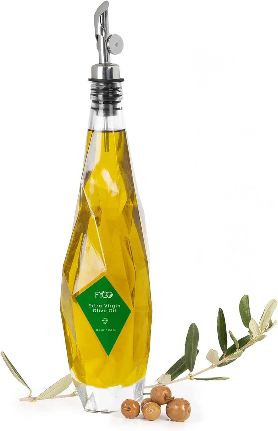 FYGO Diamond Lux Olive Oil Bottle Dispenser - 500ml Glass Container With Pourer and Funnel for Kitchen - Oil and Vinegar Set