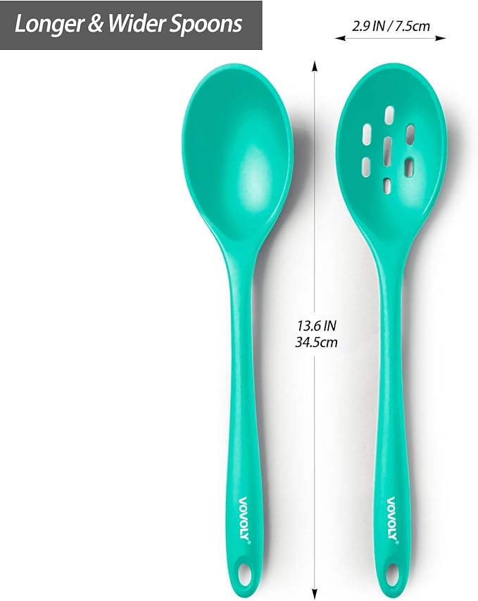 Silicone Spoons for Cooking - Extra Large Kitchen Spoons for Mixing, Serving, & Stirring - 600°F Heat-Resistant Non Stick Utensils Ladle & Skimmer- Dishwasher Safe, Teal