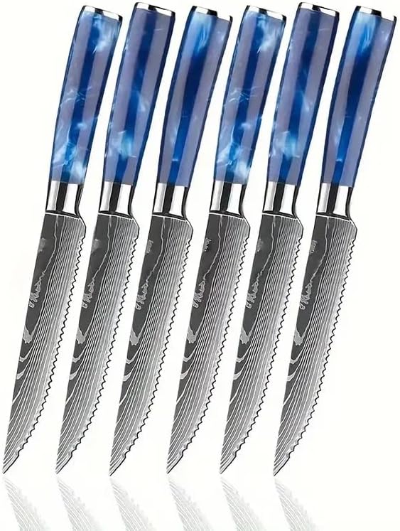6-Piece Premium Japanese Kitchen Knife Set - Imperial Collection, Laser Damascus Pattern, 440A Stainless Steel Ultra Sharp for Fast Cutting (Blue 6SK)