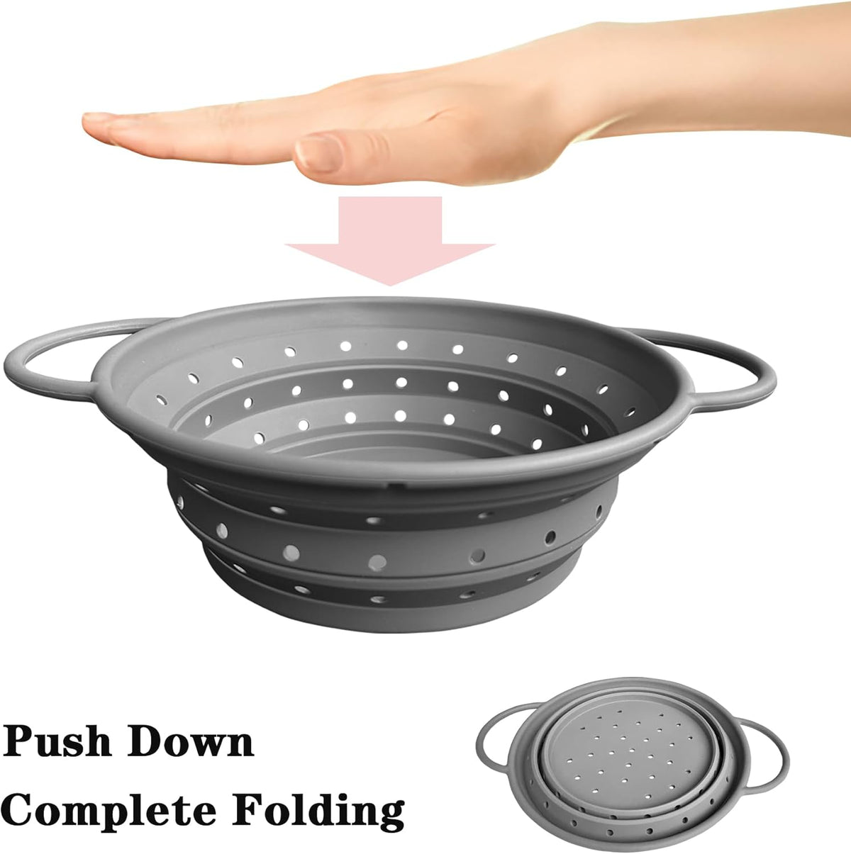 Collapsible Colander with Handle, Silicone Kitchen Colander for Easy Storage,Four-side Fast Draining Silicone Draining Basket, Perfect for Fruits Vegetables (Gray L)