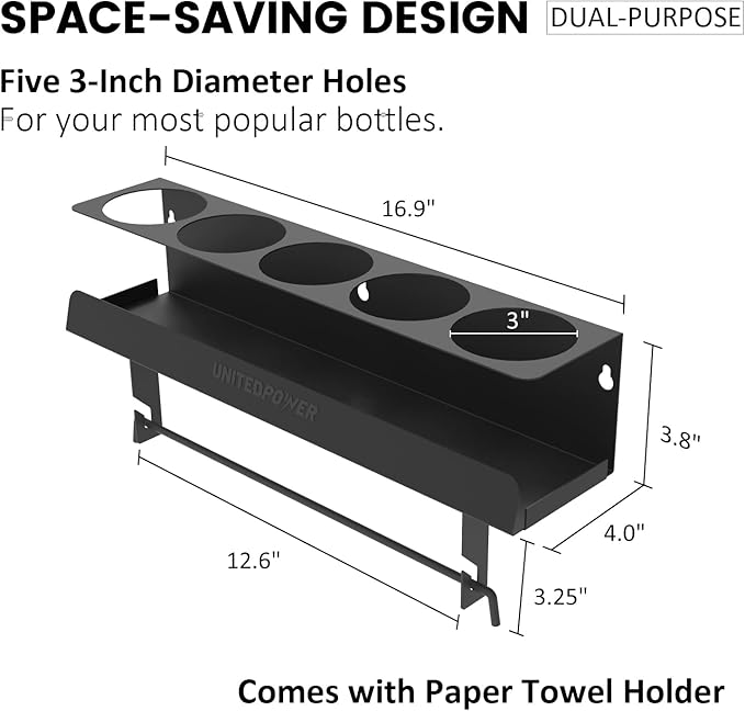 UNITEDPOWER 5 Aerosol Spray Can/Paper Towel Holder, Paint Bottle Storage Rack, Steel Wall Mount Shelf, Tool Organizer for Garage, Craft Workspace and Home