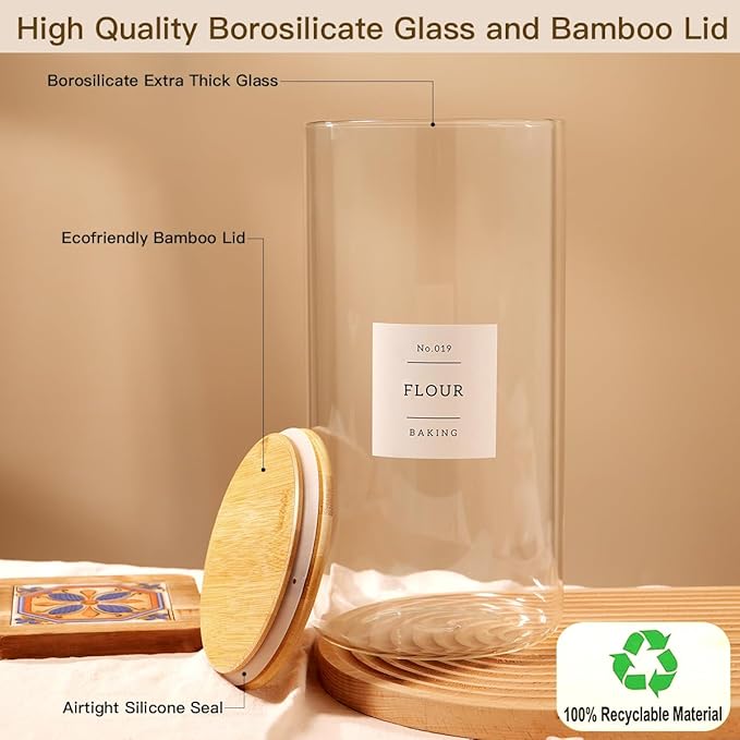 1.2 Gallon Large Glass Grain Storage Container With Airtight Bamboo Lid - Kitchen Glass Storage Jars With 42 Pantry Labels - Thicken Big Clear Rice and Flour Containers For Your Pantry