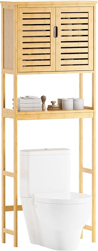 SMIBUY Bathroom Over The Toilet Storage Cabinet, 2 Door Bamboo Cabinet Organizer, Freestanding Space Saver Toilet Rack with Adjustable Inside Shelf and Open Shelf (Natural)