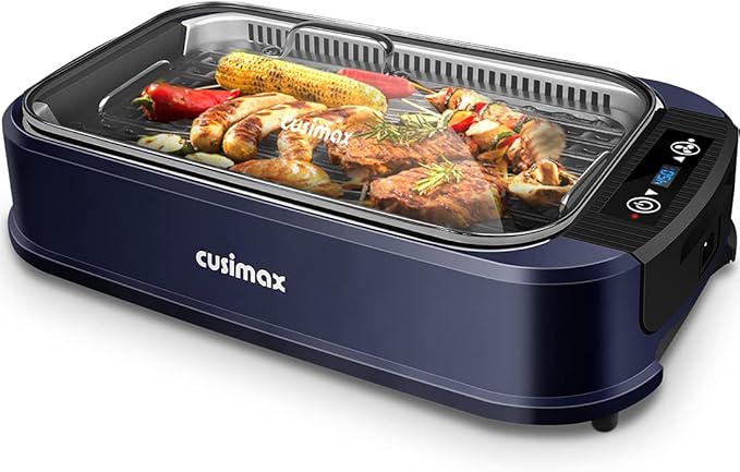 Indoor Grill CUSIMAX Electric Smokeless Grill Portable Korean BBQ with Turbo Smoke Extractor Technology, Non-stick Removable Plate, Tempered Glass Lid, Great for Party(Single Plate)