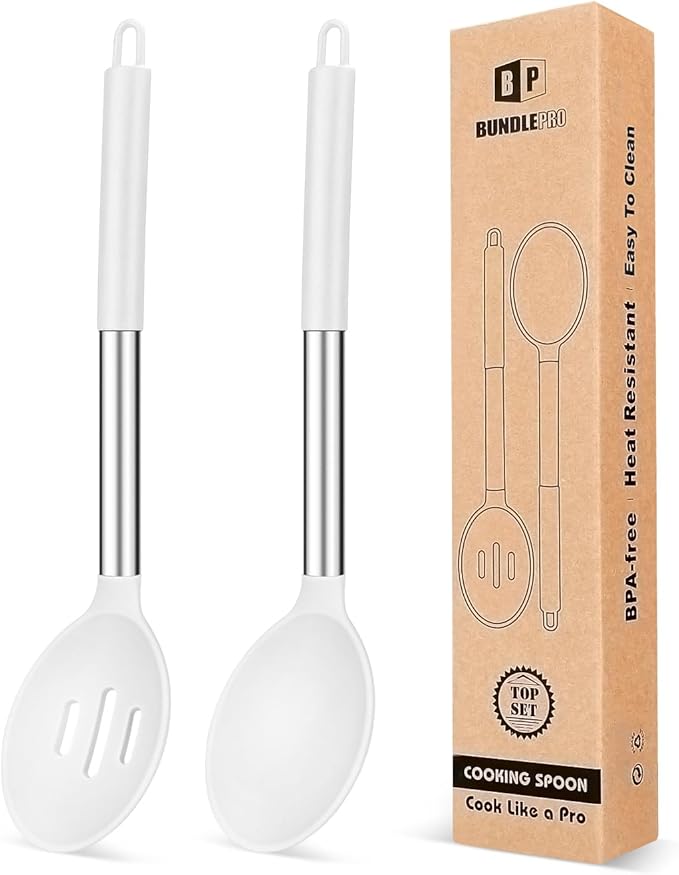 Pack of 2 Large Silicone Cooking Spoons,Non Stick Solid Basting Spoon,Heat-Resistant Kitchen Utensils for Mixing,Serving,Draining,Stirring (WHITE)