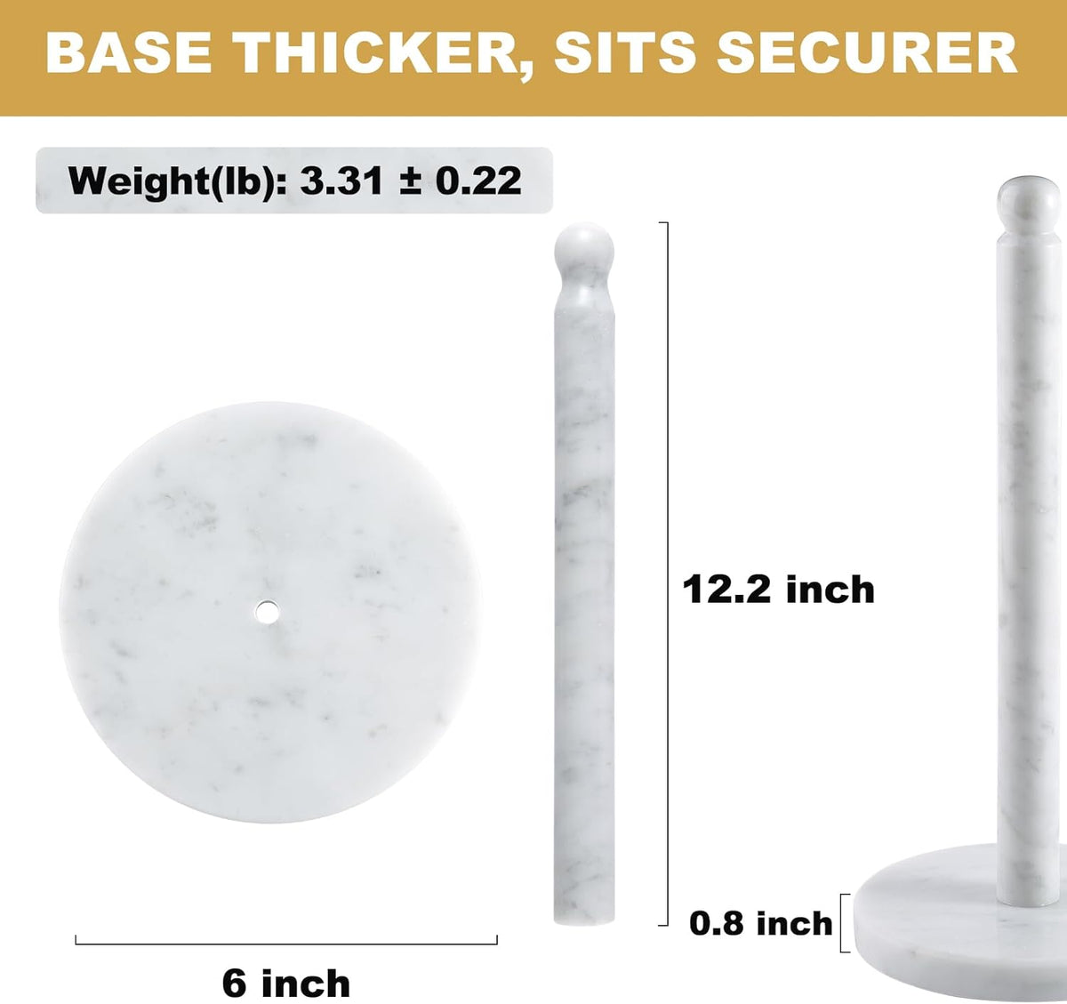 Koville Carrara Marble Paper Towel Holder Countertop, 6“ Genuine Stone Paper Towel Holder Stand for Kitchen Storage, for Standard or Jumbo-Sized Rolls