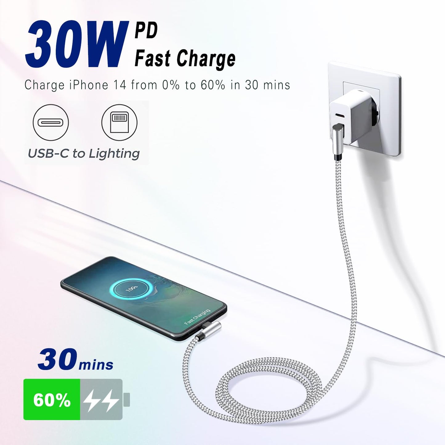 90 Degree iphone Charger MFi-Certified, USB-C to Lightning Cable 6ft 2Pack