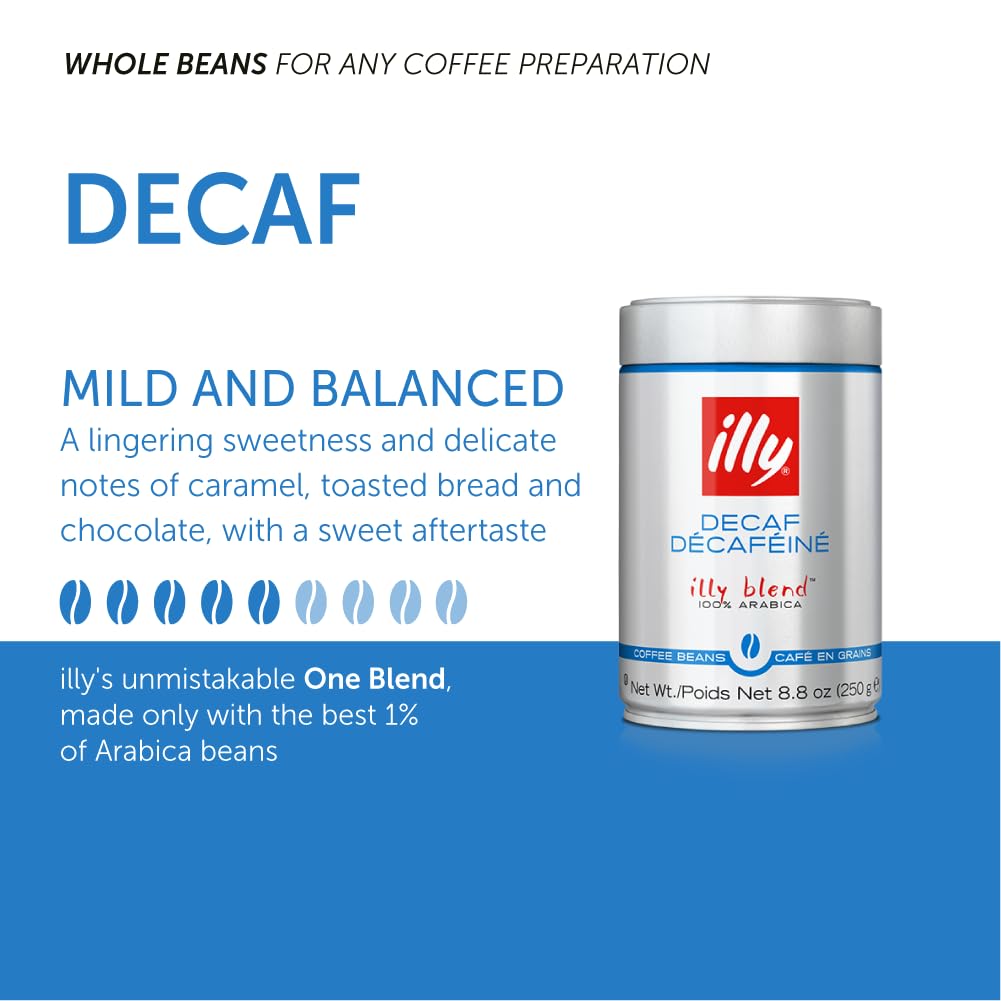 illy Decaf Whole Bean Coffee, Classic Medium Roast Gourmet Blend, 100% Arabica Coffee, 8.8 Ounce (Pack of 1)