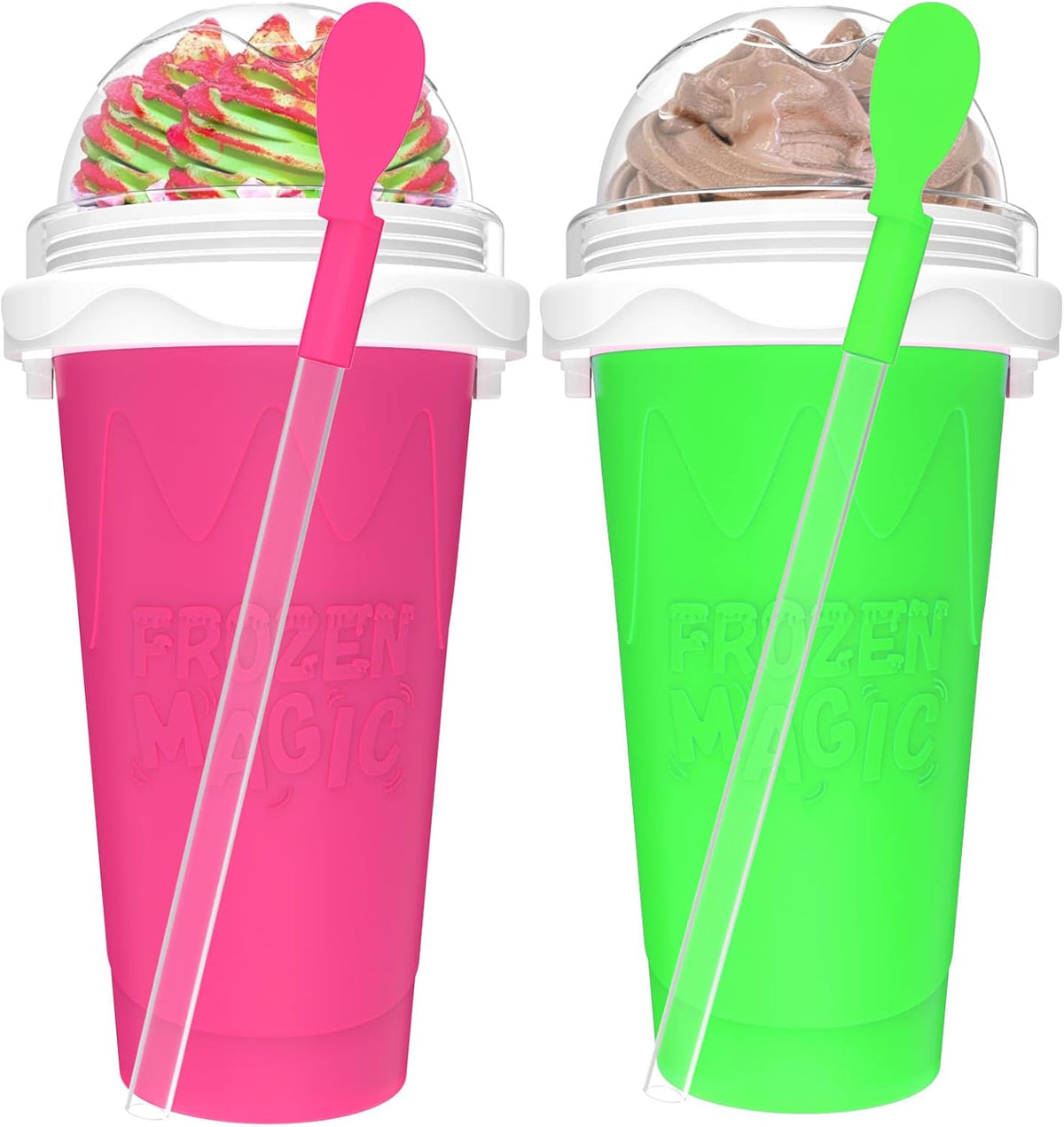2PCS Slushie Maker Cup, Quick Frozen Magic Cups for Homemade Milk Shake Ice Cream Maker, Double Layer Squeeze Slushy Maker Cup, Birthday Gifts for Kids,Friends,Family (Pink+Green, 350ML)