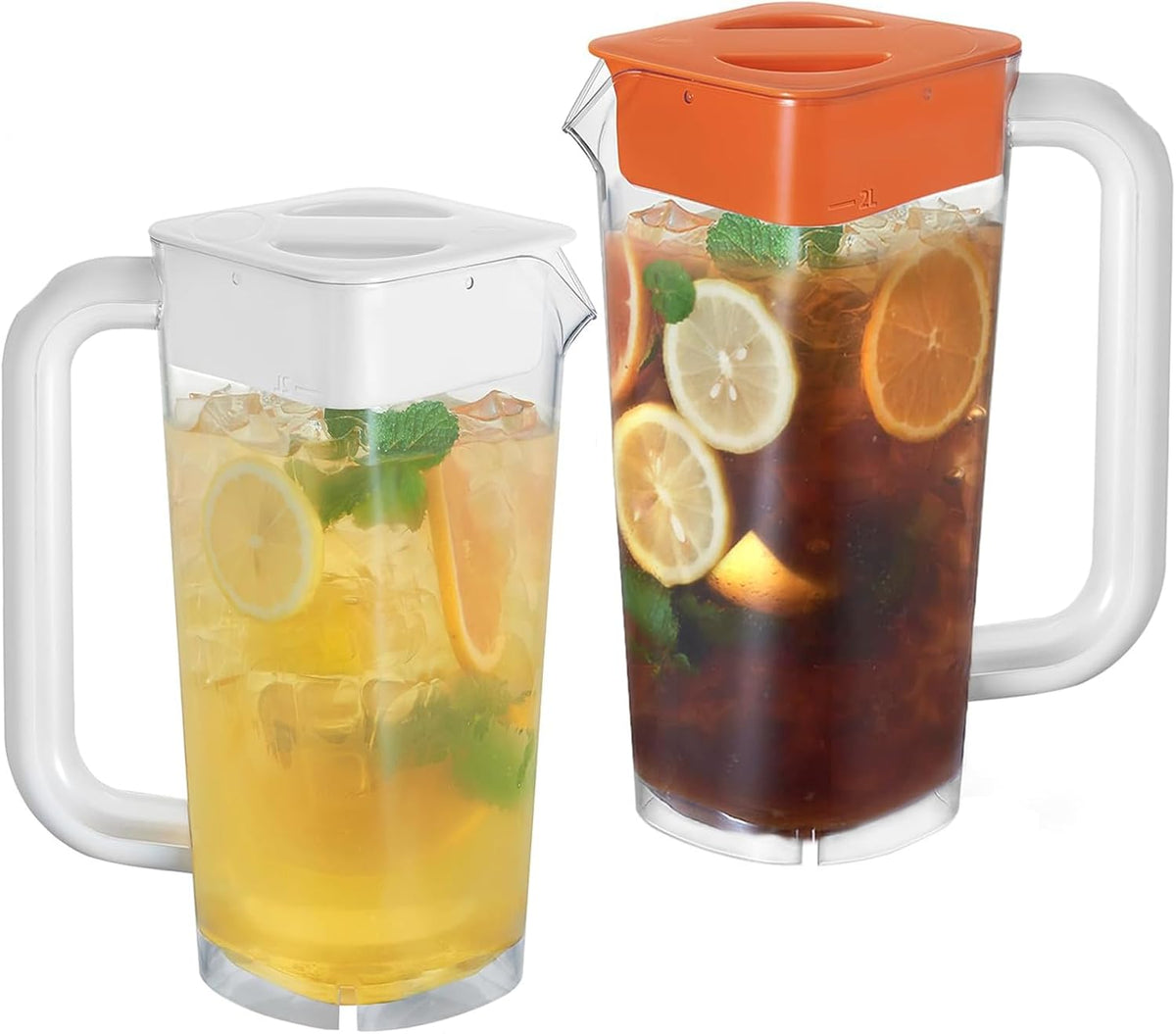 CURTA 2 Pack 2 Liters/68 oz Plastic clear Square Pitcher with Lid & Handle for Kitchen,ICED JUICE and Coffee Carafe Beverage Serveware, Acrylic Water Jug for Hot/Cold Drinks&lemonade