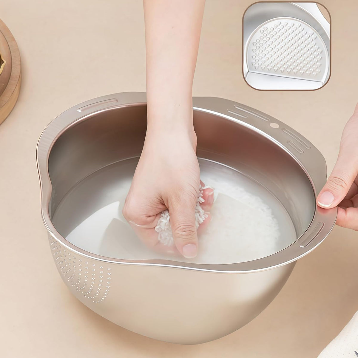 Rice Washer Strainer Bowl - 4-in-1 Washing Bowl for Quinoa, Stainless Steel Side Drainers Colander for Cleaning and Rinsing Fruits, Vegetables, and Beans - Versatile Kitchen Tool