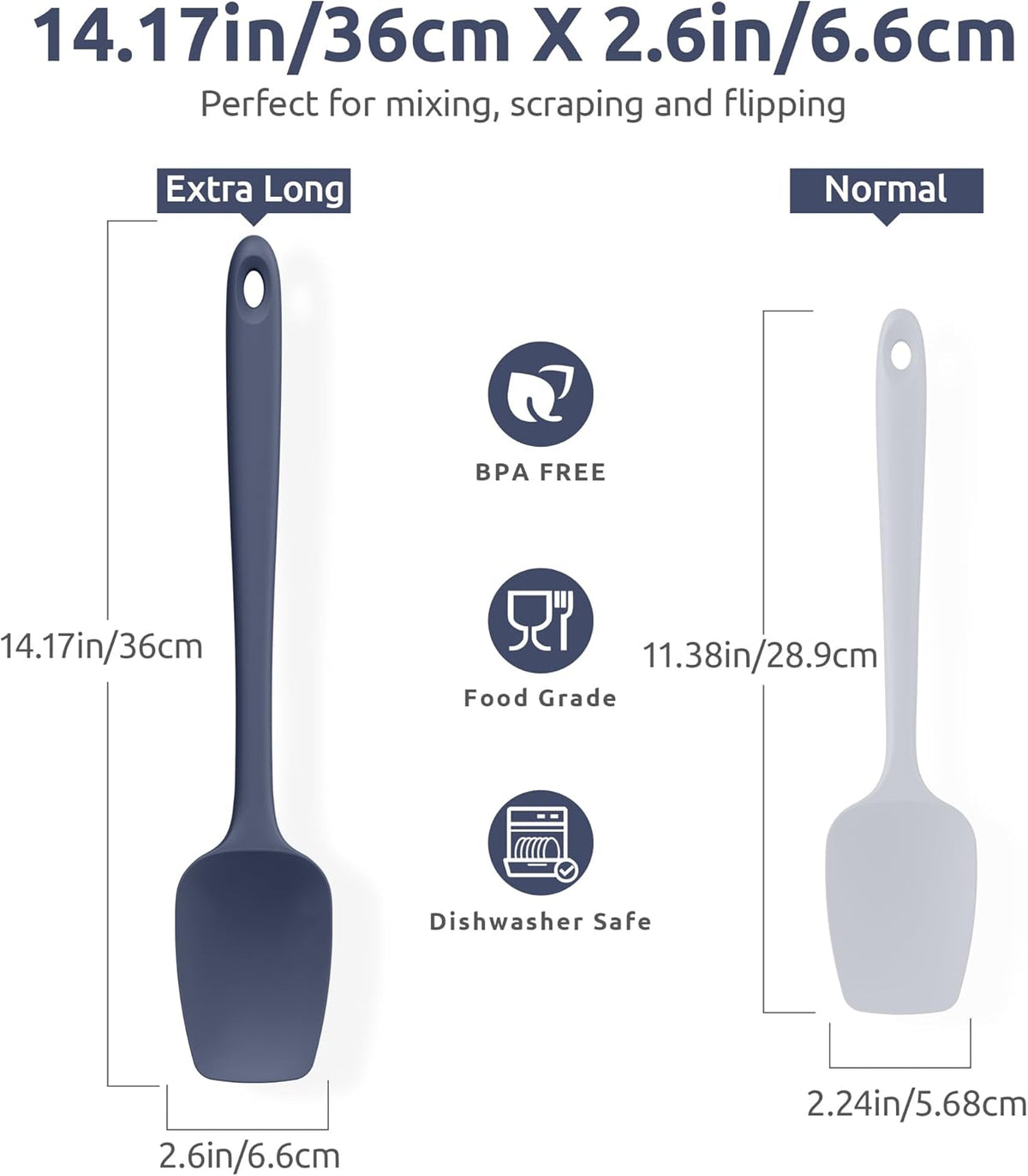U-Taste Extra-Long 600ºF Heat Resistant Spatula Spoon: 14" Silicone Spoonula Cooking Utensils for Kitchen Use, Non-Stick Scoop Scraper with Soft Edge & Firm Core for Mixing, Serving (Midnight Blue)