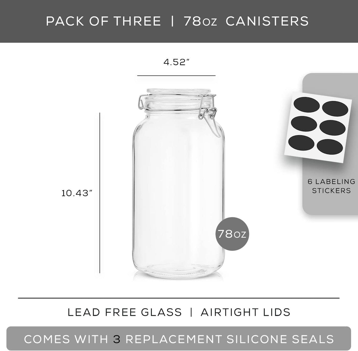JoyJolt Airtight Glass Jars with Lids Set of 3. 78oz Glass Jar with Lid and 6 Silicone Seals! Large Glass Food Storage Containers. Square Mason Jar for Candy, Flour, Pasta Containers for Pantry
