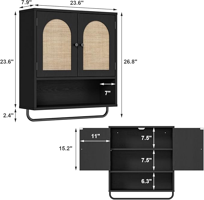 RUSTOWN Rattan Bathroom Wall Cabinet, Boho Medicine Cabinet with 2 Arched Doors, Farmhouse Over The Toilet Storage Cabinets with Adjustable Shelves & Towel Bar