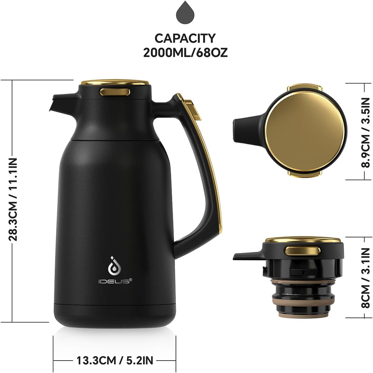 IDEUS Thermal Coffee Carafe 68oz (2,000ml), Stainless Steel Double Wall Insulated Vacuum Flask, Water Jug Coffee Server and Beverage Dispenser, Heat and Cold Retention (Black-Gold, 68oz (2,000ml))