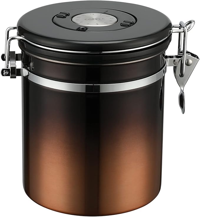 Coffee Canister, Airtight Coffee Container with Date Tracker Lid, Stainless Steel Canister for Kitchen Food Storage (Black-Copper, 16oz)