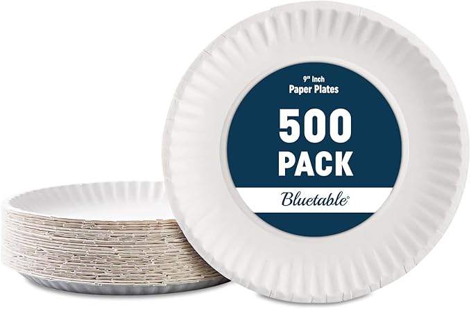 Bluetable 9 Inch Paper Plates Bulk – 500 Count - Uncoated White 9” Dinner Plate Pizza Plate Decorative Craft Paper Plates Disposable Plates [500 Pack/Case]