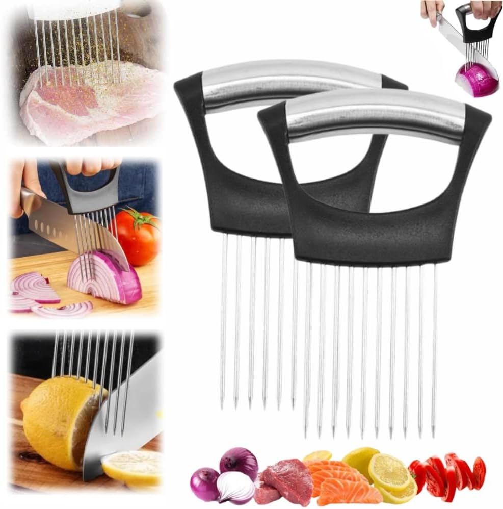 Onion Slice Holder, 2025 Upgraded Stainless Steel Onion Holder for Slicing Lemon Slicer Vegetable Cutter, Kitchen Chopper Slicing Assistant Tool for Meat, Onion, Potato, Tomato (2, A)