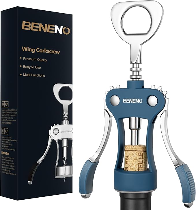Beneno Wine Opener, Zinc Alloy Premium Wing Corkscrew with Multifunctional Bottles Opener, Sharp Wine Corkscrew with Ergonomic Non-Slip Wing Handle, Blue