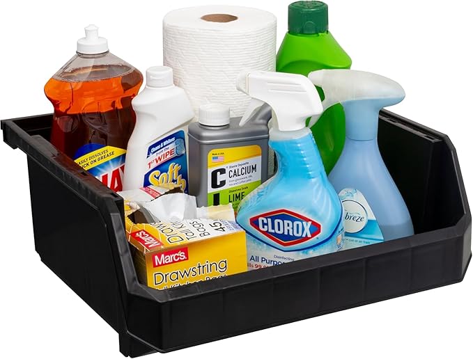 Plastic Containers for Organizing and Storage Bins for Closet, Kitchen, Office, Garage or Pantry Organization, Stackable Bins, Extra Large (14.8" x 16.5" x 7"), 4-Pack, Black