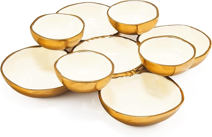 Cluster of 9 Serving Bowls, One-Piece Set, Gold White Brass Multi-Bowl Display Tray for Snacks Nuts Chips Appetizers, Modern Home Entertaining Centerpiece Dining Parties Housewarming Wedding Gifts 11"