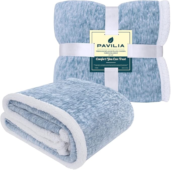 PAVILIA Melange Blue Sherpa Blanket Throw for Couch, Warm Soft Cozy Reversible Blanket Sofa Bed, Thick Plush Large Fleece Car Blanket, Decorative Home Room Decor Gifts Men Women, 50x60 Navy Blue