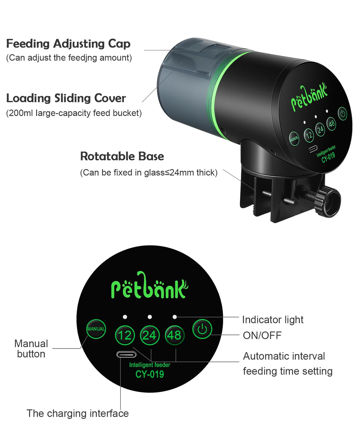 Petbank Automatic Fish Feeder for Aquarium Easy Setup & 12/24/48H Interval