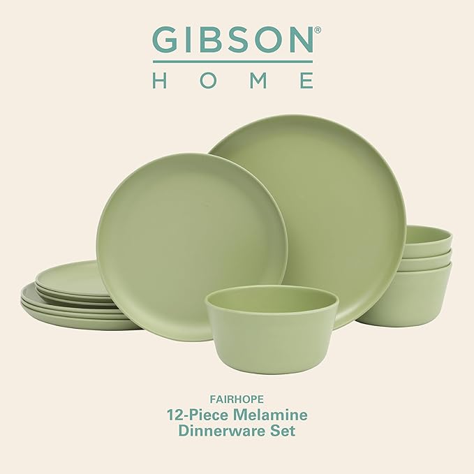 Gibson Home Fairhope 12-Piece Matte Green Melamine Dinnerware Set – Durable Lightweight Plates and Bowls, Kitchen Dining Set
