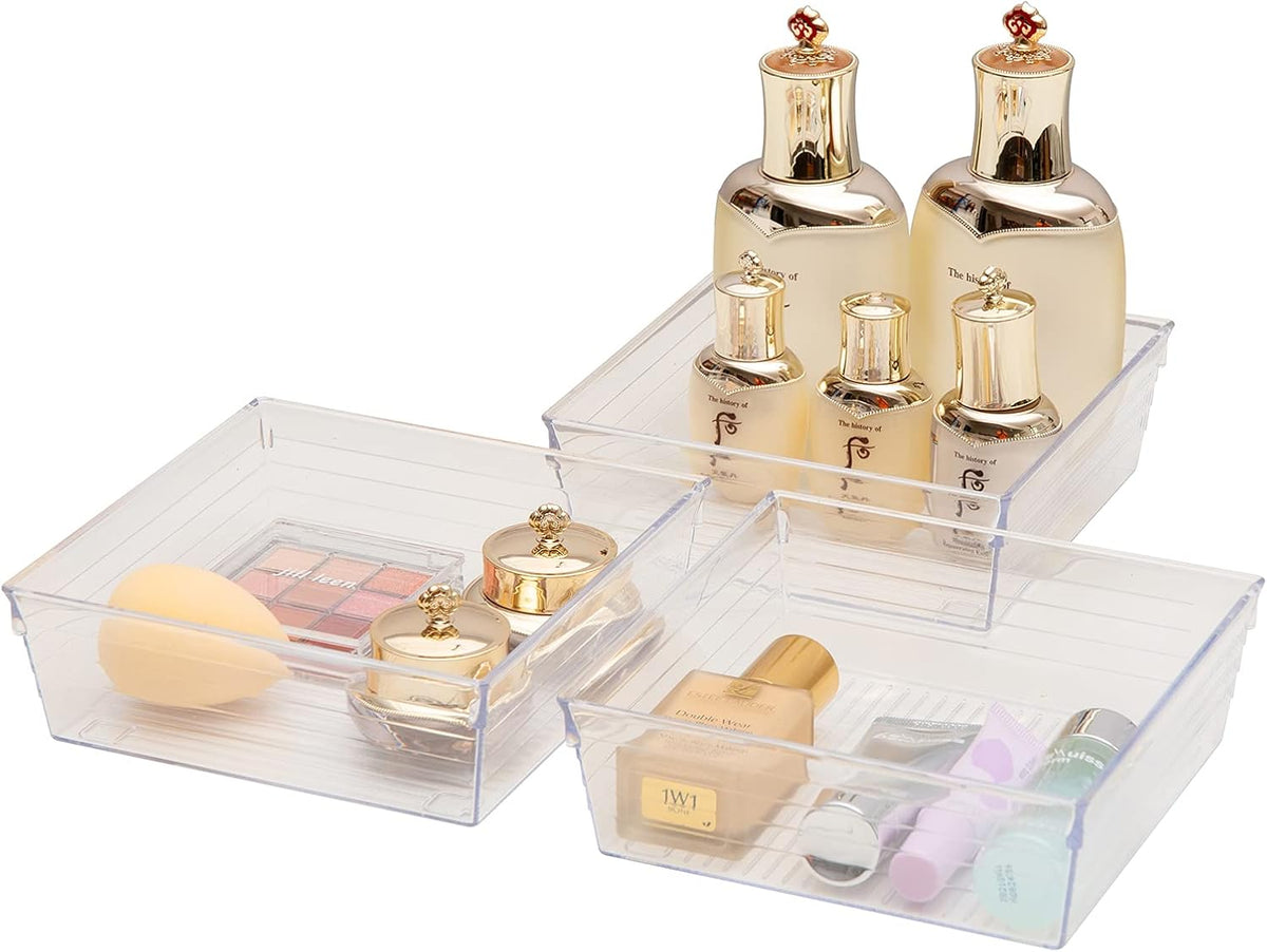 Backerysupply Clear Plastic Drawer Organizer Tray for Vanity Cabinet (6"×6"×2"，Set of 8),Storage Tray for Makeup, Kitchen Utensils, Jewelries, and Gadgets…