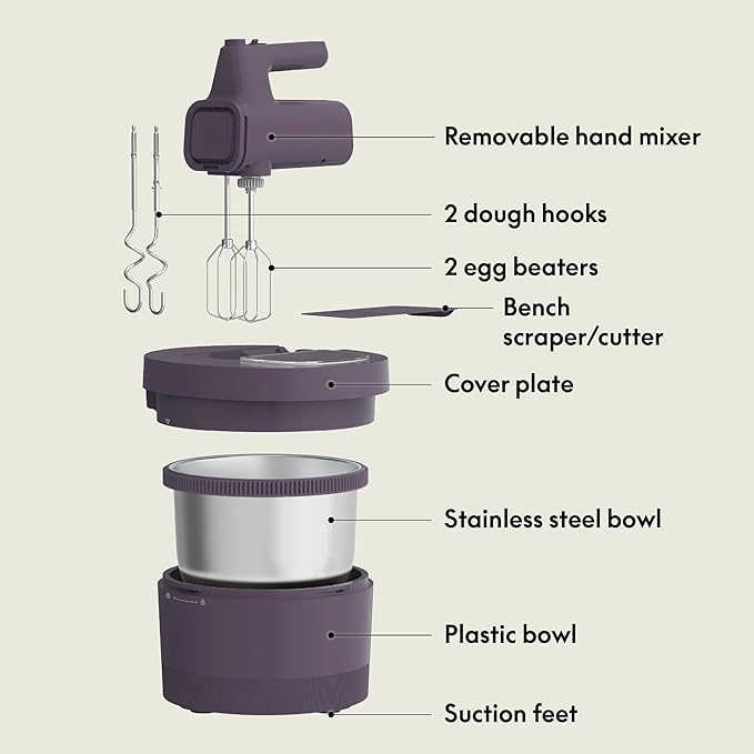 bella 3.5 Qt Hand & Stand Mixer, 2 in 1 Electric Mixer with Bowl, Dough Hook, Whisk & Egg Beater, Multifunctional Handheld Mixer for Baking, 200 Watt, Plum