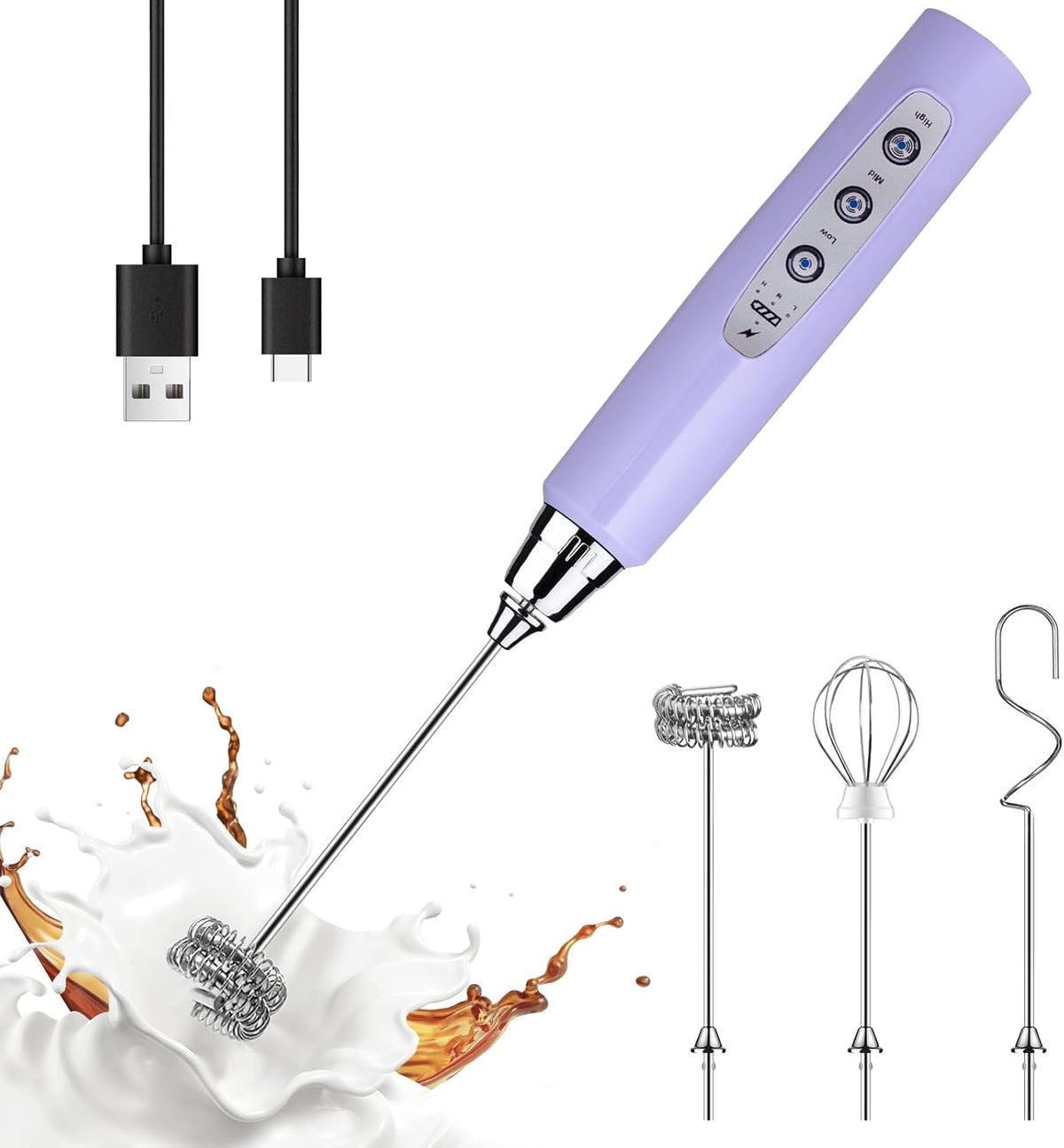 YUSWKO Light Purple Handheld Milk Frother Wand for Coffee, Rechargeable Electric Whisk with 3 Heads 3 Speeds Drink Mixer Coffee Frother For Latte, Cappuccino, Hot Chocolate, Egg