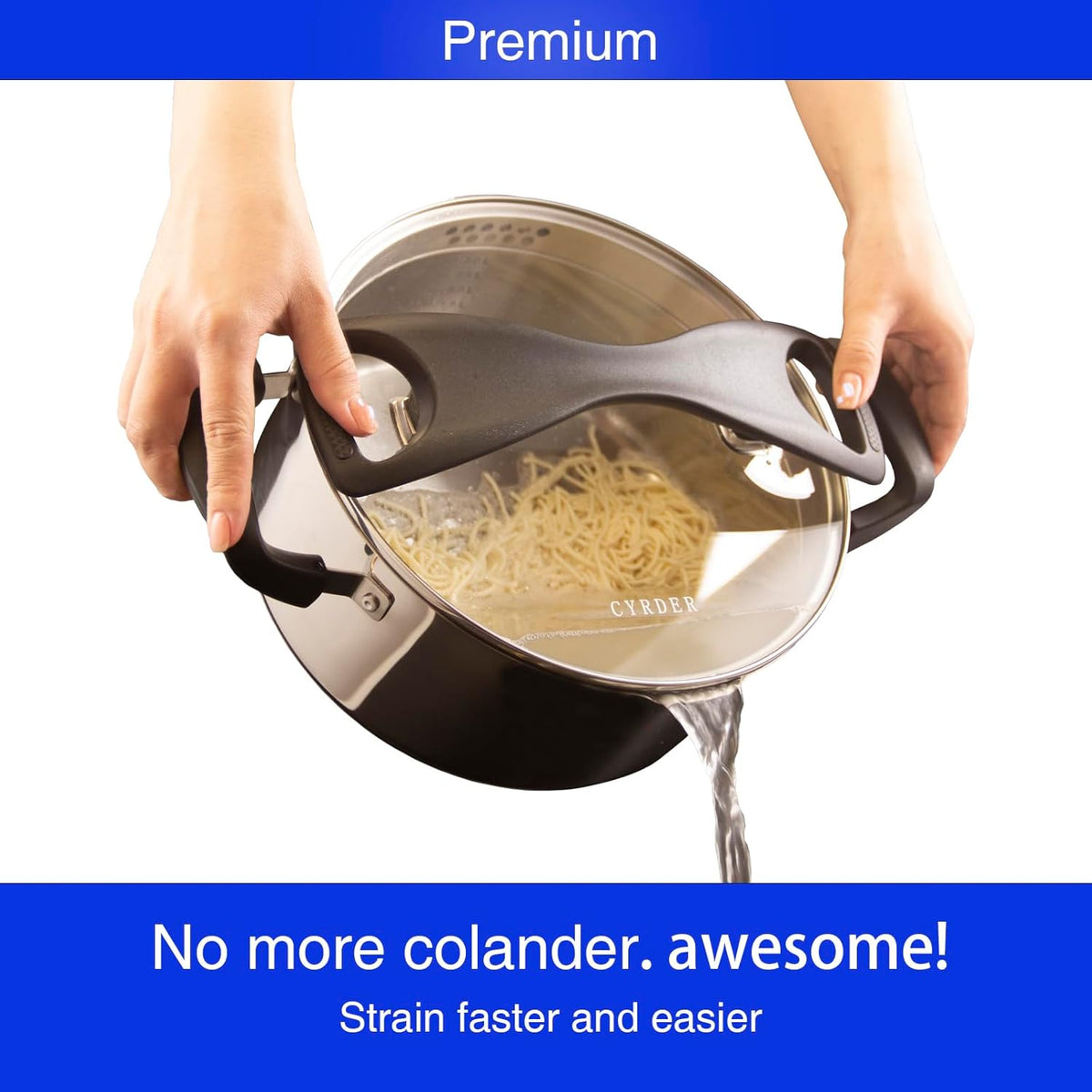 Stainless Steel Cookware Pasta Pot by Cyrder – 3 Quart, Strainer in Glass Lid, Two Side Spouts, Capsule Bottom Stock Pot, Durable & dishwasher safe