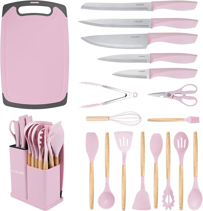 19 PCS Kitchen Cooking Utensils Set, 11 Pieces Silicone Cooking Utensils Set 6 Pieces Sharp Stainless Steel Pink Knife Set with 1 Piece Cutting Board, Ideal for Apartment