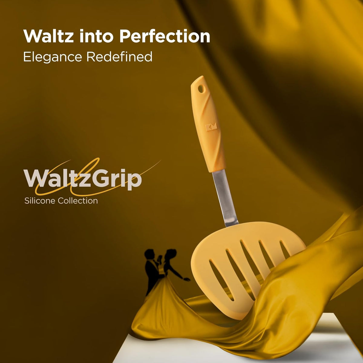 Kitchen Mama WaltzGrip Platinum Silicone Pancake Spatula Turner: Heat-Resistant, Slotted Tapered Head, Stainless Steel Core, Durable, Dishwasher-Safe, Ideal for Flipping and Wok Use (Yellow)