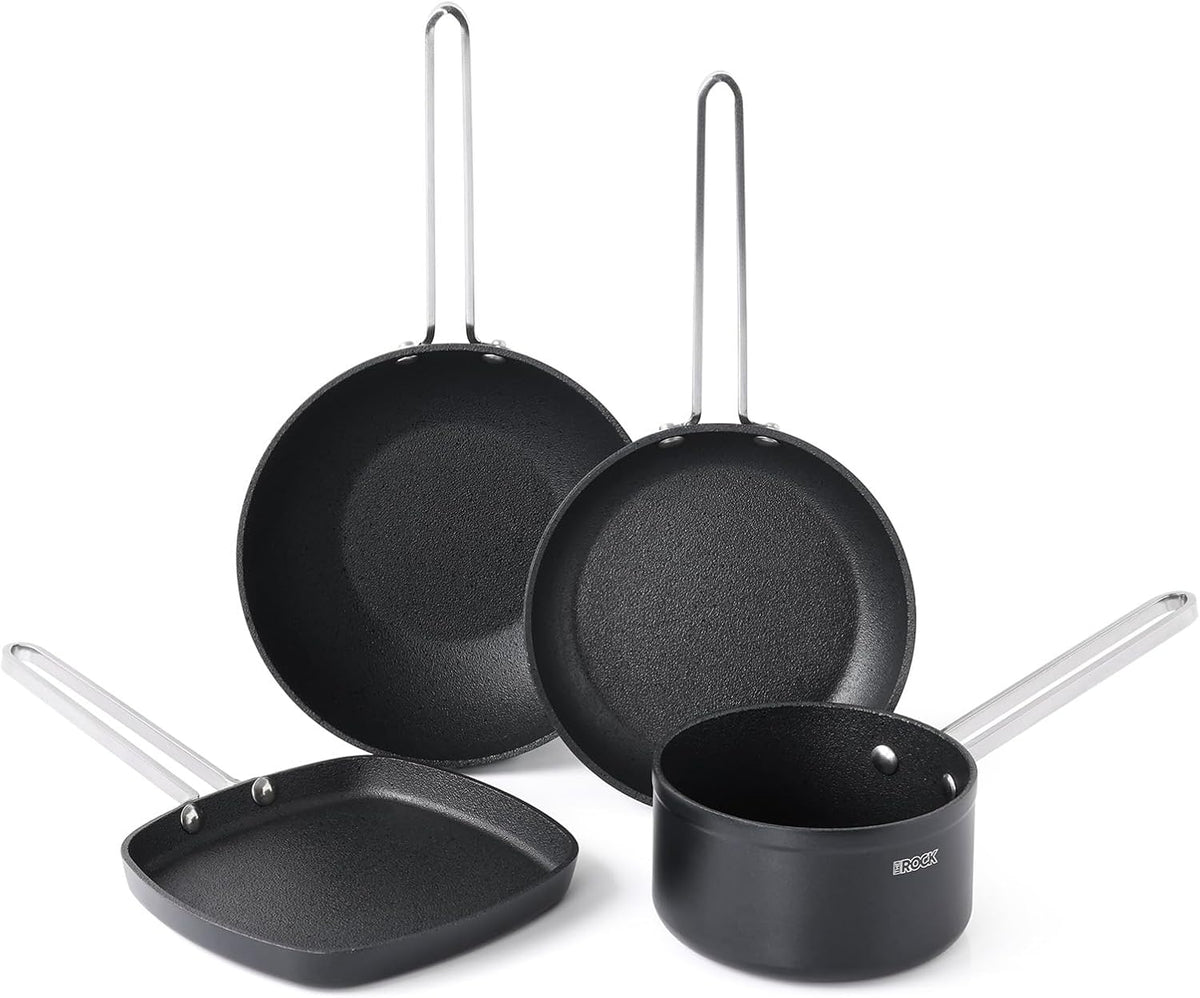 THE ROCK Single Serve Nonstick Pots and Pans Set, 4pc Portion Control Cookware Set with Rock.Tec, Scratch/Stain/Crack Proof, Oven & Dishwasher Safe, Perfect for Dorm, Camping & Small Kitchens, Black