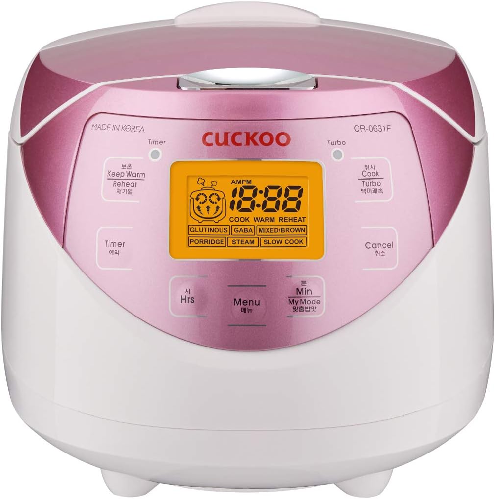 CUCKOO CR-0631F 6-Cup (Uncooked) / 12-Cup (Cooked) Micom Rice Cooker with Nonstick Inner Pot, 7 Menu Modes, LCD Display, Fuzzy Logic Tech, Auto Clean (White/Pink)