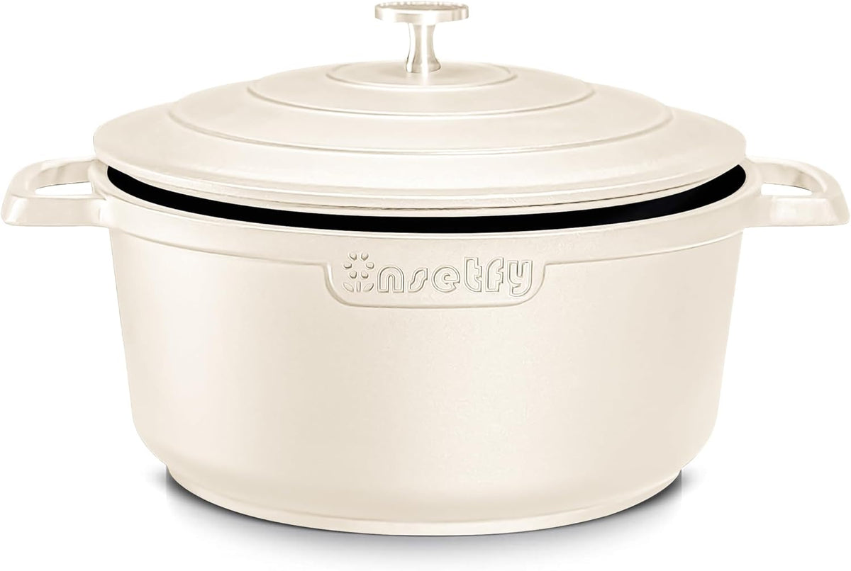 Large Dutch Oven Pot with Lid-7.5QT Cast Aluminum Oven Pot with Two Handles Lightweight for Bread Baking Braising and Roasting(Beige)