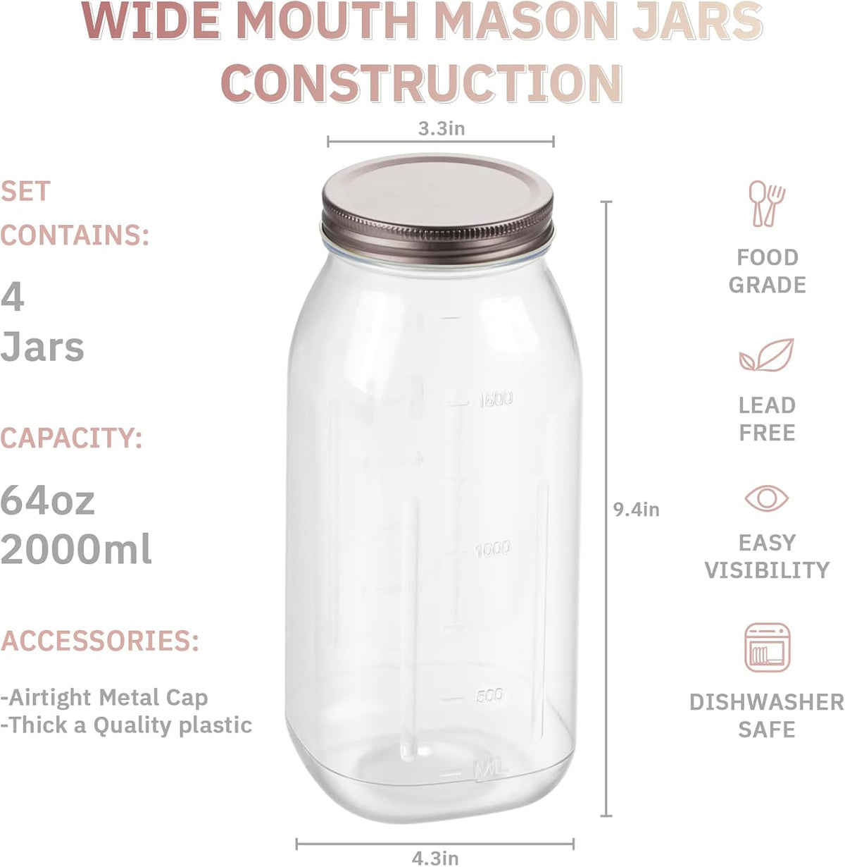 novelinks 64 oz Large Plastic Jars with Metal Lids - 4 Pack BPA-Free Clear Storage Containers for Pantry, Pickles, Sauces, Flour, Snacks - Leak-Proof Airtight Food Grade Jars for Kitchen (Rose Gold)