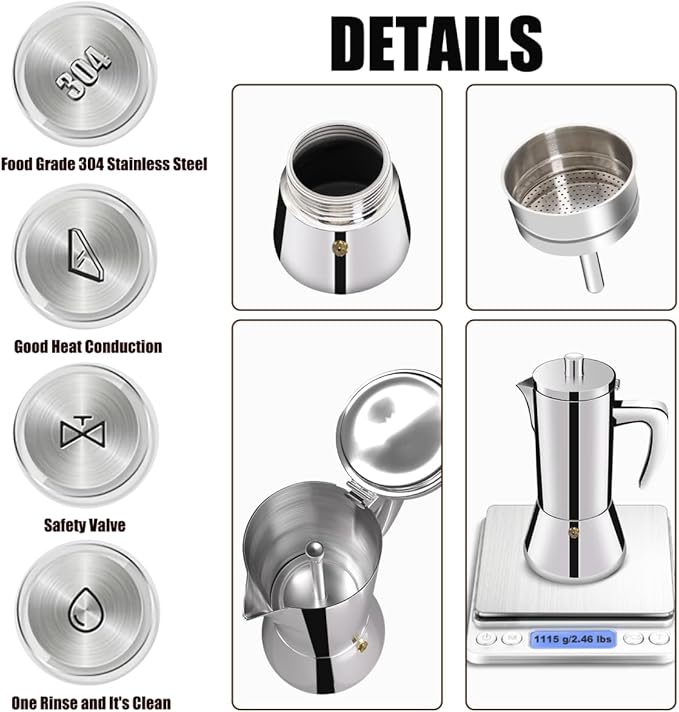 12 Cup Thickened 304 Stainless Steel Moka Pot Stovetop Espresso Maker Cafeteras Italian Percolator Espress Makers Capable Greca Mocha Coffee Machine for Induction Home and Camping 600ml 20oz