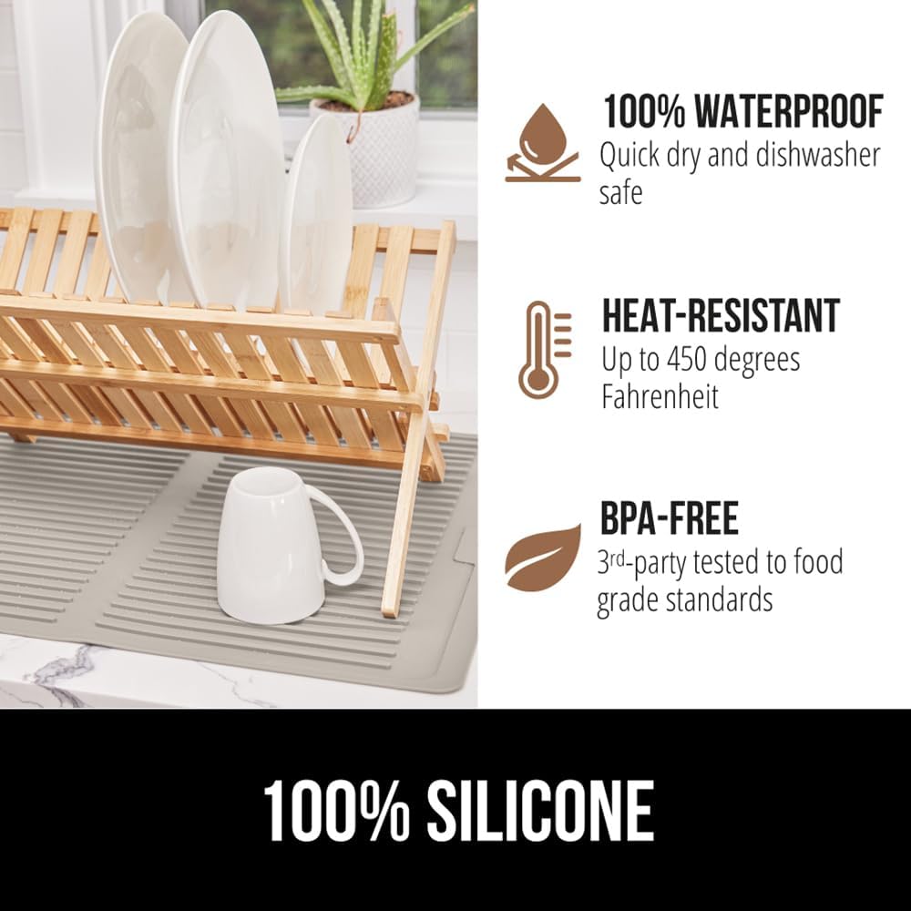 GORILLA GRIP 100% BPA-Free Patented Silicone Dish Drying Mat for Kitchen Counter, Water Catching Ribbed Design, Easy Clean Waterproof Sink Liner, Heat Resistant, Fits Under Rack, 16x12 Inch, Almond