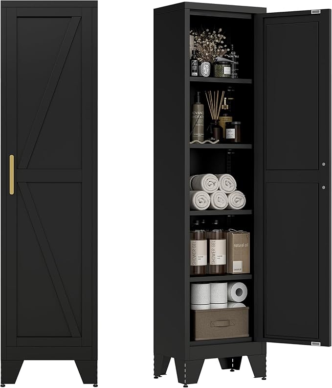 67" Tall Narrow Bathroom Metal Storage Cabinet with 4 Adjustable Shelves, Freestanding 5 Tier Slim Pantry Storage Cabinet for Small Space, Black