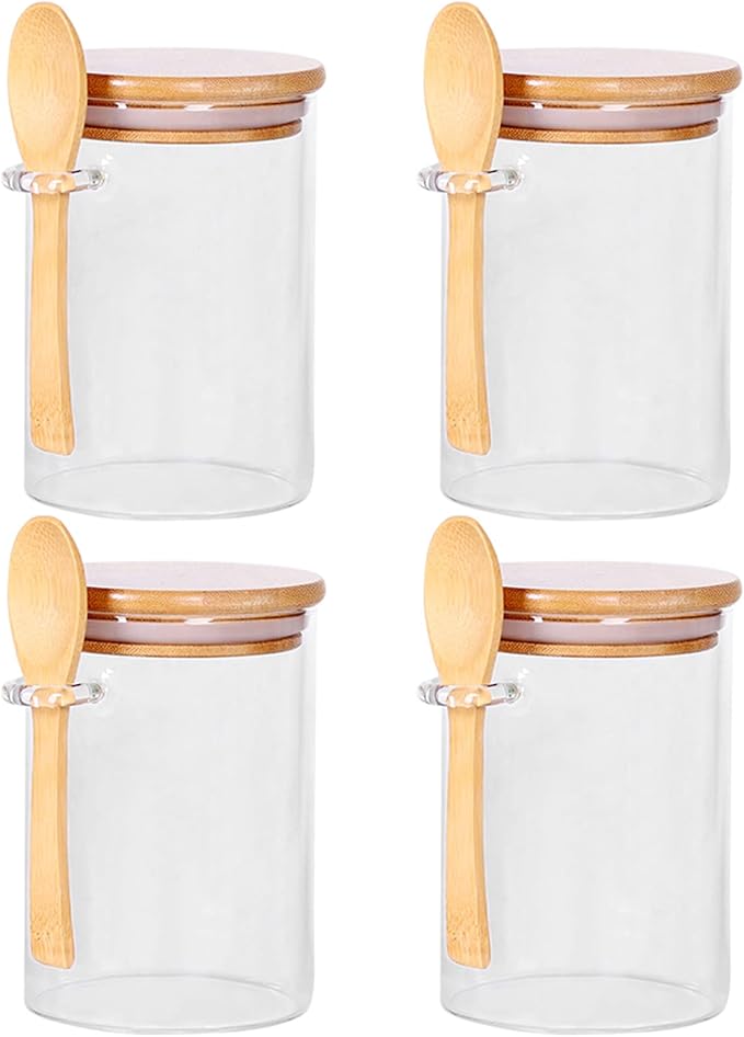 4 Pack Glass Containers with Lids and Spoons, Overnight Oat Container with Lids Glass, Oatmeal Jar with Spoons, Meal Prep Jars for Yogurt, Chia Pudding (Round 4PCS)