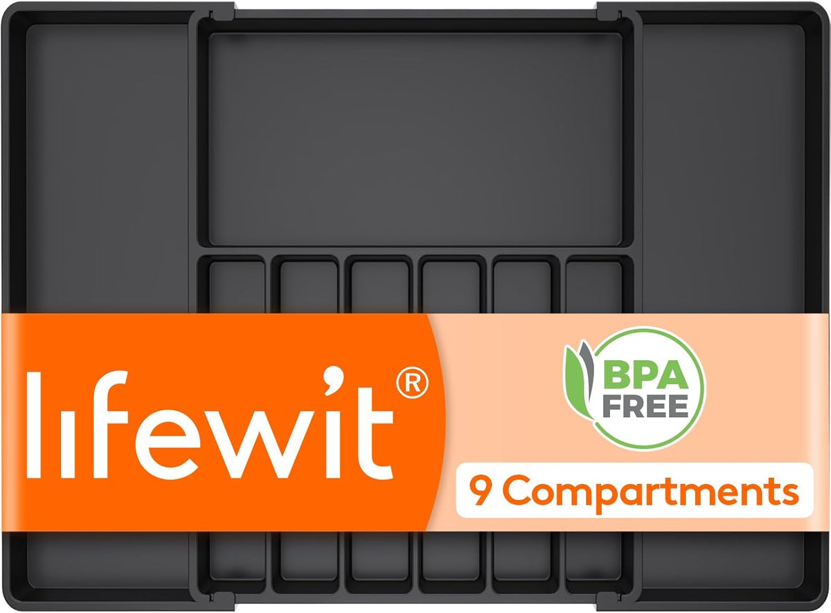 Lifewit Silverware Drawer Organizer, Expandable from 16.9 to 30 inches, Large Utensil Tray for Kitchen, Adjustable Cutlery Holder, Plastic Flatware Storage for Spoons Forks Knives, Black