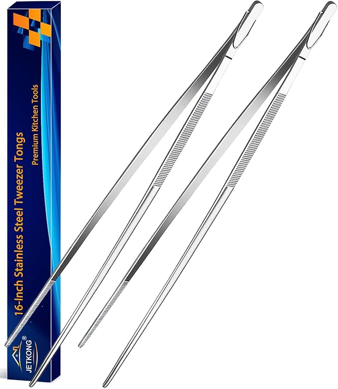 JETKONG 2 Pieces Extra-Long Tweezer Tongs 16-Inch Stainless Steel Tweezers Chef Tweezers (Point-Tips)