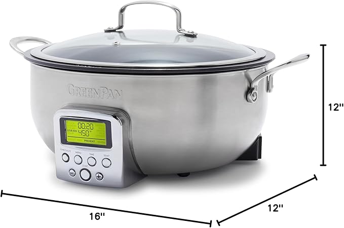 GreenPan Elite 6QT Electric Skillet, Sear Saute Stir-Fry Cook Rice, Healthy Ceramic Nonstick, Dishwasher Safe Parts, Easy-to-use LED Display, PFOA and PFA Free, Smart Pot, Stainless Steel