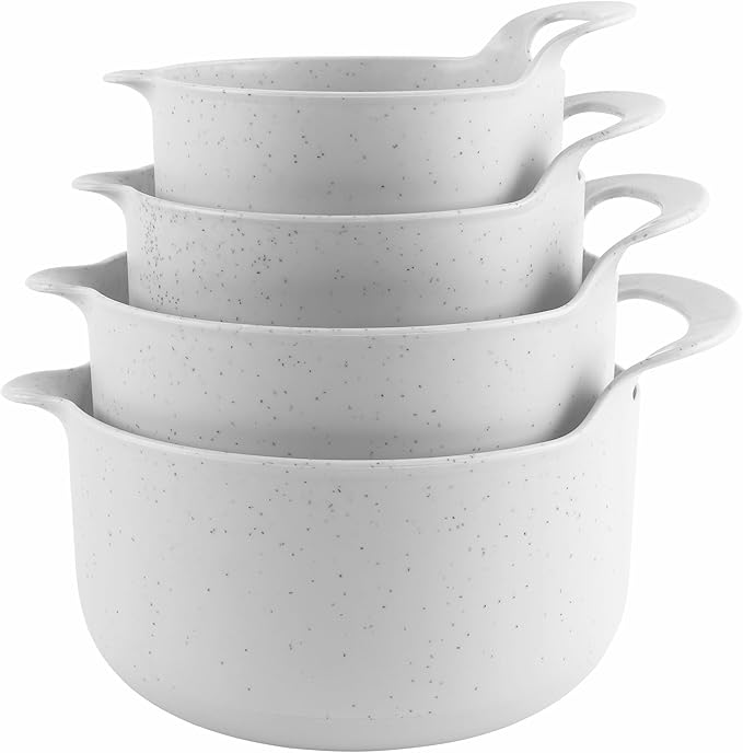 COOK WITH COLOR Nesting Plastic Mixing Bowl Set with Pour Spouts and Handles and Non Slip Bottom, Speckled White, 4 Piece