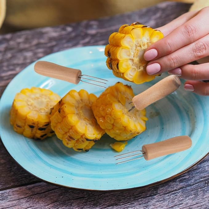 Stainless Steel Corn Holders - 8 Pack with Wooden Handle, Perfect for Grilling, Roasting, and BBQ